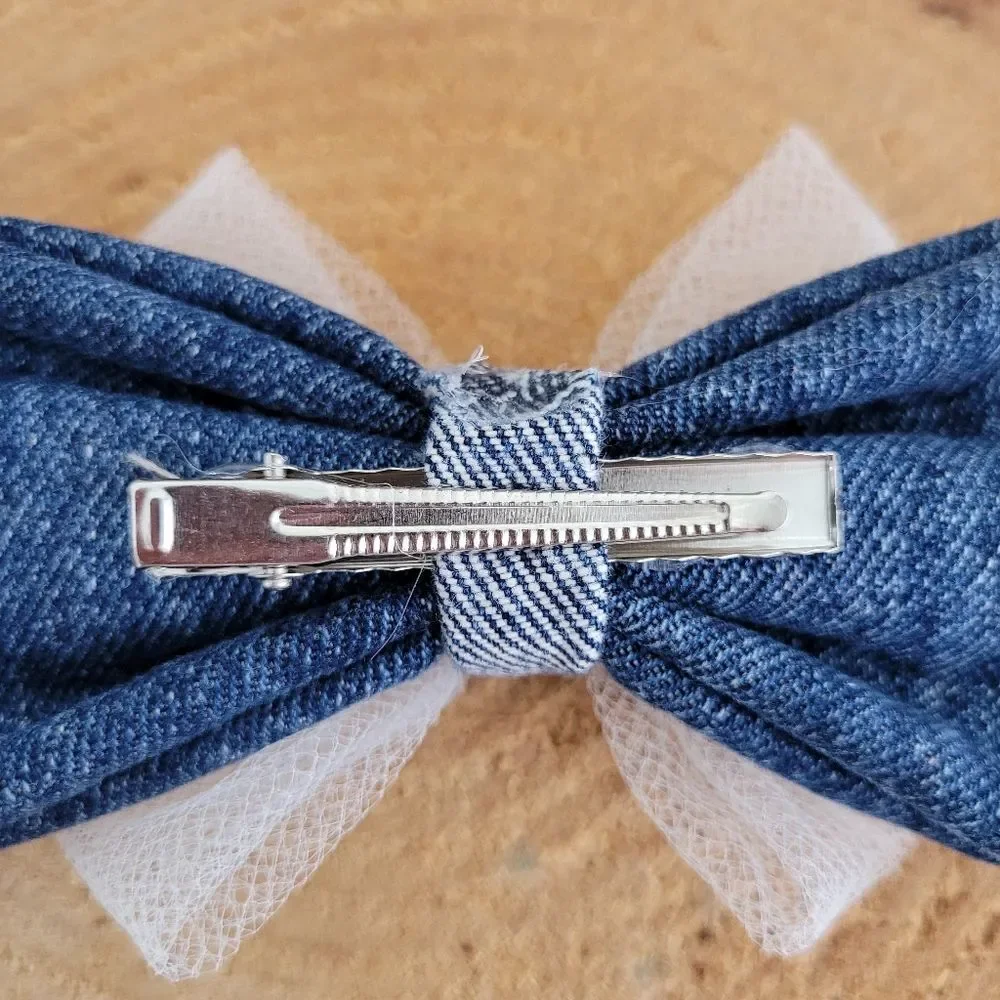 Handmade Upcycled Levis Denim & White Tulle Hair Bow Clip